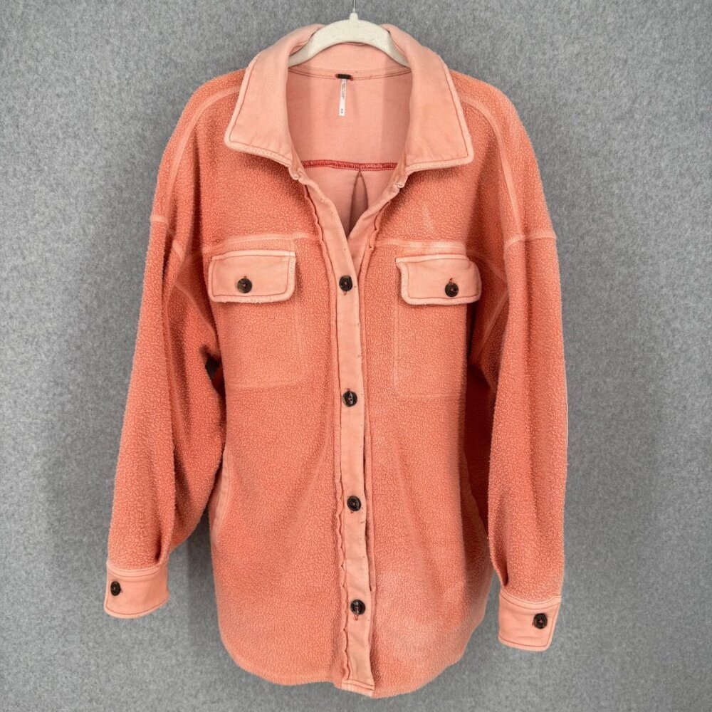 Free People Ruby Oversized Shirt Jacket Size M Scarlet Ibis Orange Distressed